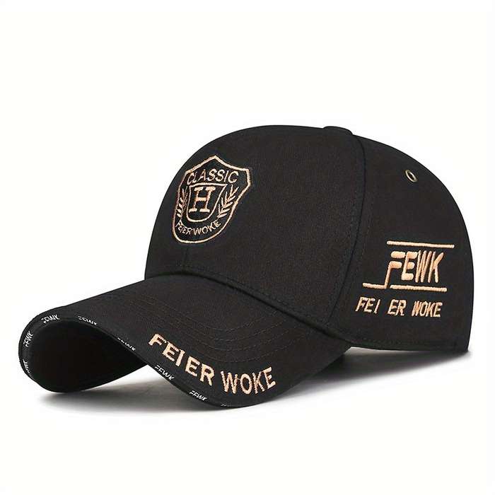 1pc FEWK Unisex Baseball Cap Breathable Polyester Adjustable Fit Embroidered Logo Golden Ba