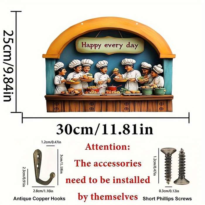 Colorful Wooden Key Holder with Four Metal Hooks"Happy Every Day" Chef Design 30.0cm x 24.99cm