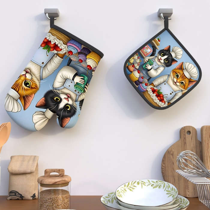 2pcs Cute Cat Chef Oven Mitts Heat Resistant 10.6x6.7 Inch Polyester Kitchen Gloves for Cook