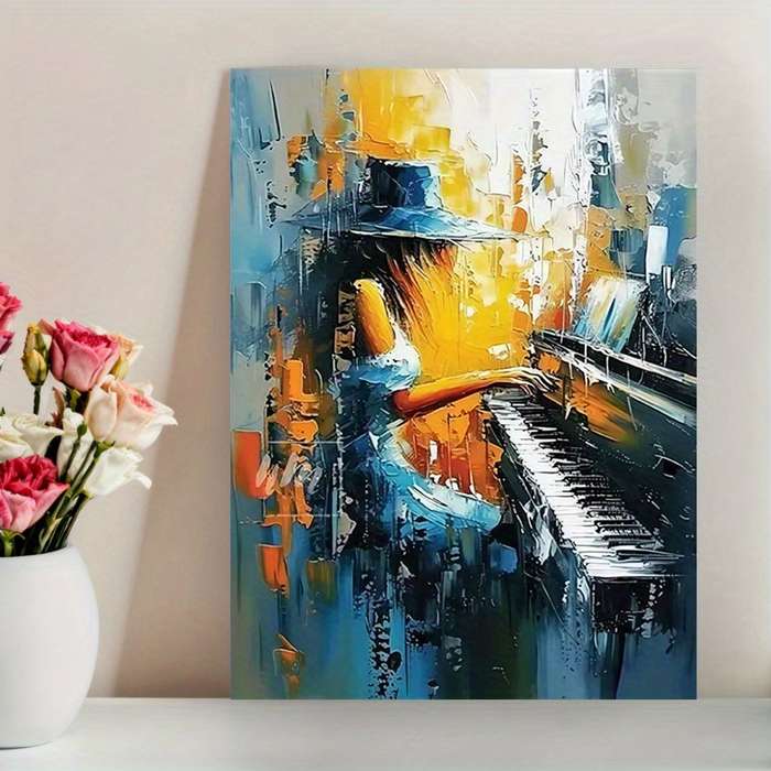 1pc Vibrant Abstract Woman Playing Piano Canvas Art Print Modern Wall Decor for Living Room Bedr