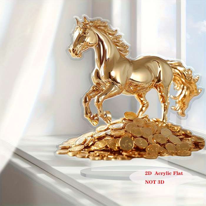1pc 2D Flat   Elegant Bohemian Style Golden Acrylic Horse Statue with Money Stand 19.99 cm Tal