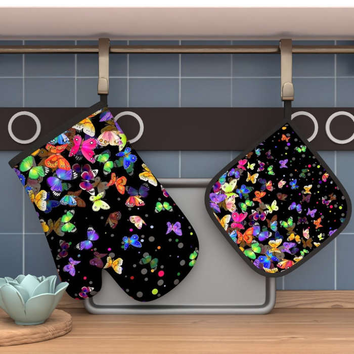 2pcs 26.92x17.02 cm Oven Mitts And Pot Holders Colorful Butterflies Colorful Dots Heat Resistan