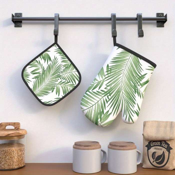 2pcs Summer Green Leaves Oven Mitts Pot Holders Set 26.92x17.02cm Heat Resistant Machine W