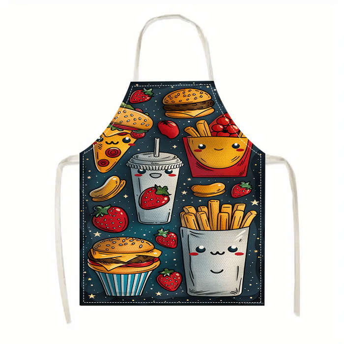 1pc Large Linen Apron with Fun Food Cartoon Print Cute Strawberry Burger Fries Design Dur