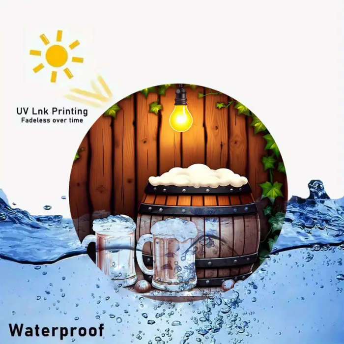 1pc 8Inch Round Aluminum Sign with Beer Mugs and Wooden Barrel Design Ideal for Kitchen Garden Offic