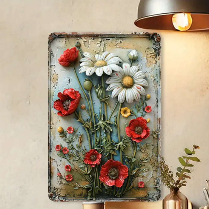 1Pc Vintage Floral Iron Wall Art 30x20cm Retro Daisy Metal Plaque