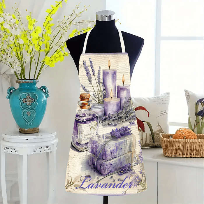 1pc Vintage Lavender Perfume Print Large Apron Sleeveless Durable Linen Kitchen Apron for Cooking