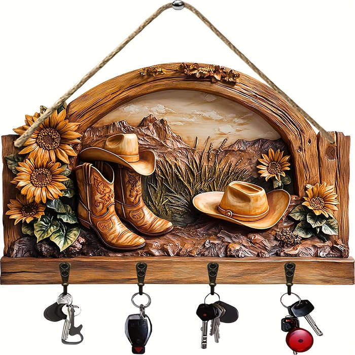 A Sunflower Cowboy Hat a Simple Colorful Wooden Key Hook with Four Metal Hooks (30.0cm X 24.99cm)