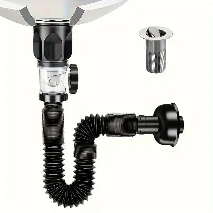1pc Odor-Resistant Bathroom Sink Drain Kit with Expandable P-Type Elbow Durable Stainless Steel ABS