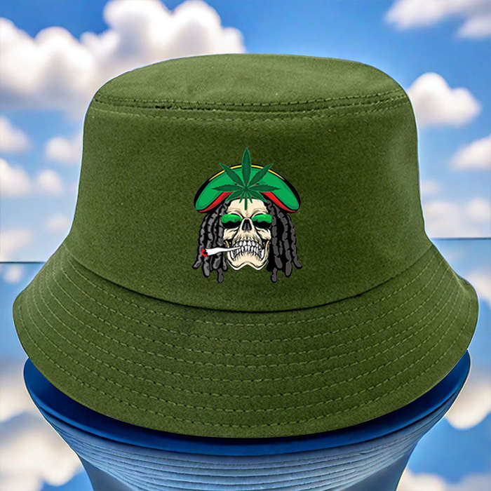 1pc Reggae Style Green Leaf Skull Print Bucket Hat Lightweight All-Season Fisherman Cap with T