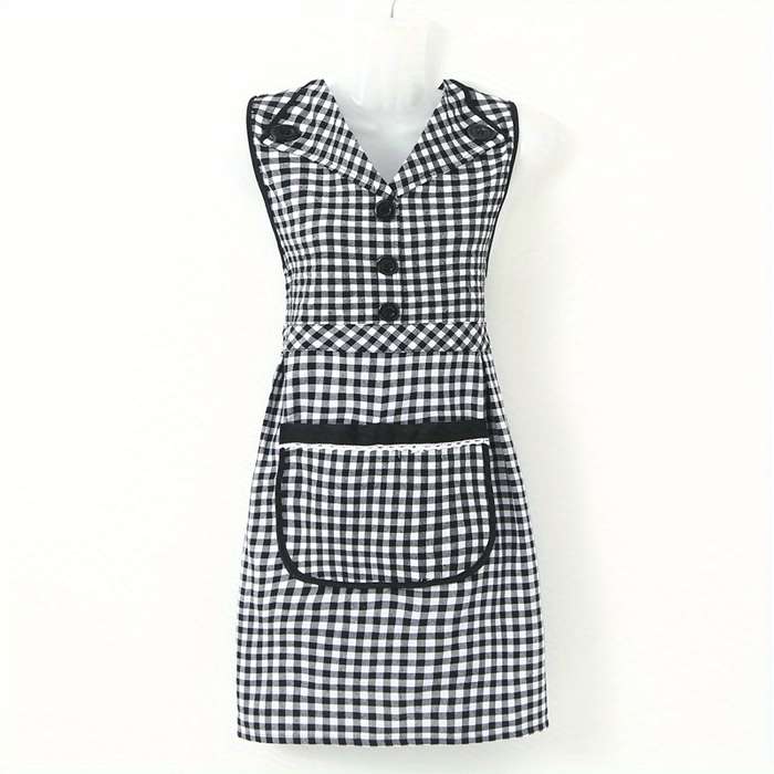 1pc Stylish Gingham Apron with Collar Red White or Black White Plaid Pattern Adjustable