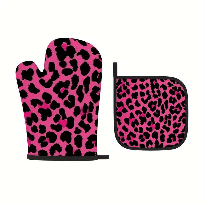 2pcs Pink Leopard Print Oven Mitts Heat Resistant Polyester Pot Holders with Black Paw Prints