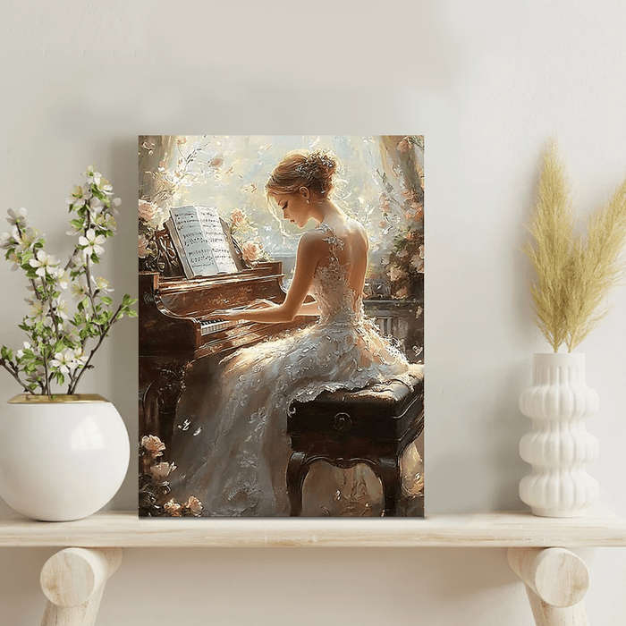 1pc  Elegant Piano-Playing Woman Wall Art Wooden Framed Canvas Print for Wedding Anniversary