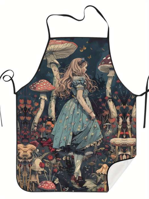 1pc Vintage Style Woven Polyester Apron 100% Polyester Fabric with Whimsical Mushroom and Floral