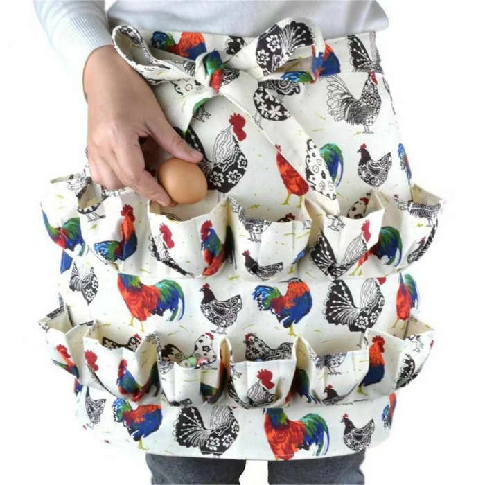 1pc Chicken Print Egg Gathering Apron with Multiple Pockets Durable Polyester Farmhouse Style Ski