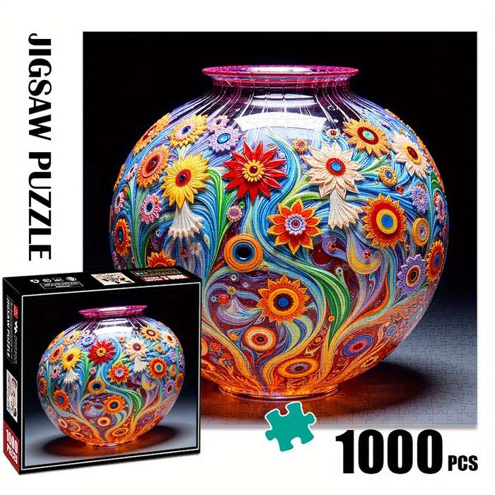 1000pcs Colorful Vase Paper Puzzle Large Adult Jigsaw Toy with Vibrant Floral Desig