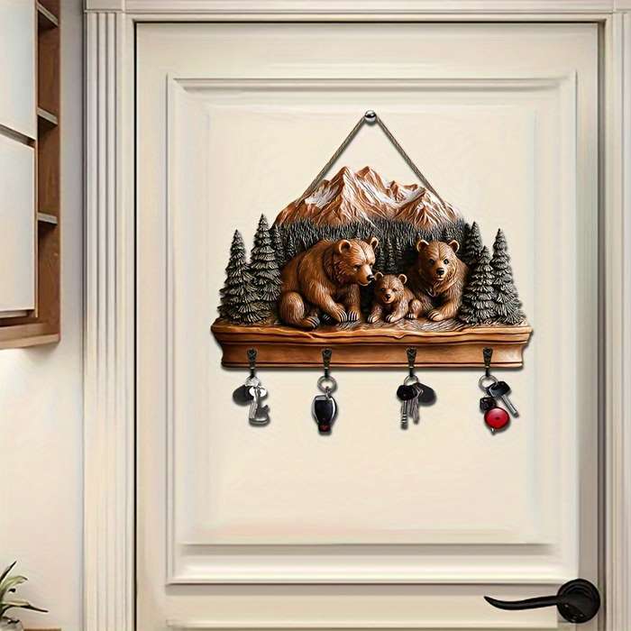 1pc Warm Forest Bear- Household Wooden Key Rack( 29.97cm x 24.99cm) with Four Metal Hooks- Multifu
