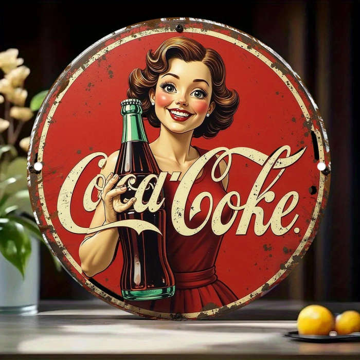 1pc 2d flat Retro Beverage Advertising Theme Aluminum Wall Sign 20.32x20.32 cm Round Metal Decorativ