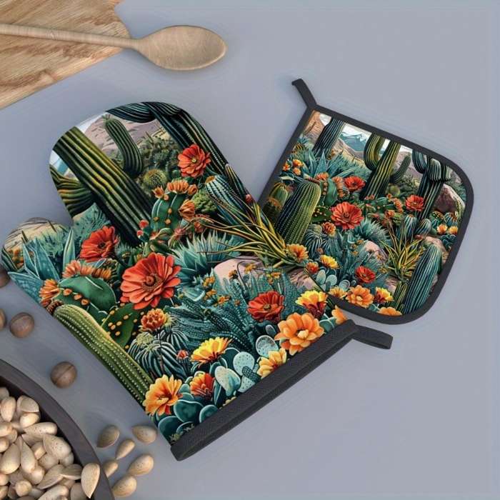 2pcs Vibrant Cactus and Floral Heat-Resistant Oven Mitts 26.92x17.02 cm Polyester Machine W
