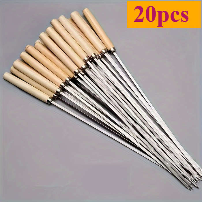 20pcs Stainless Steel Skewers with Ergonomic Wooden Handles Durable Thick Grill Sticks for C