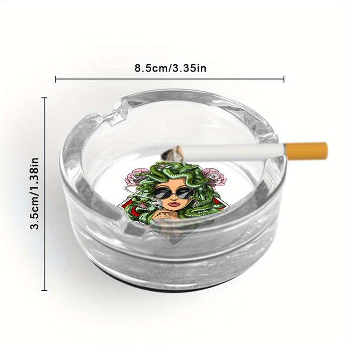 1pc Medusa Art Glass Ashtray with Anti-Slip Base Emerald Serpent Blossom Motif Crystal Clear R