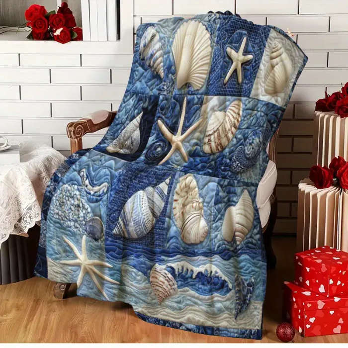 1 x Creative Shell Starfish Snail Plaid Print Flannel Blanket 150*200cm