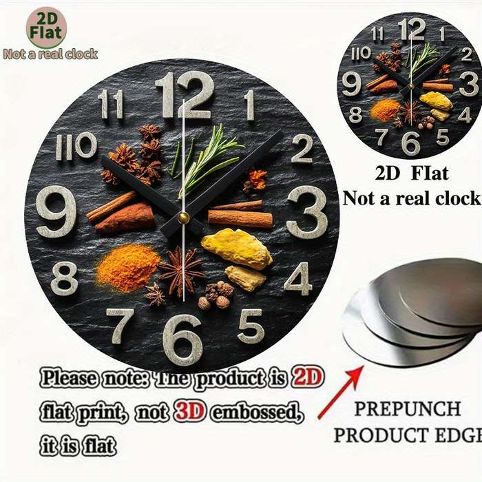 1pc 2D Flat Non-Real Clock Modern Spice-Themed Wall Clock with Black Glossy Stone Design Aluminum