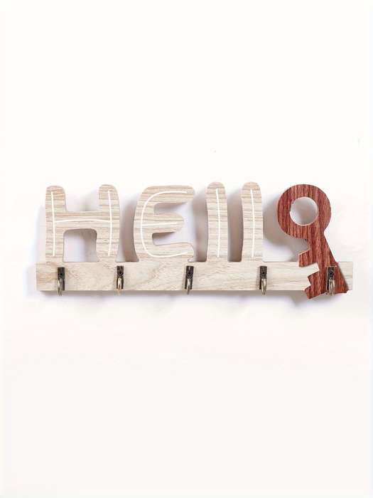Handcrafted Rustic Wooden Key Holder with "Hello"  "Welcome" DesignWall-Mounted Natural Wood Fi