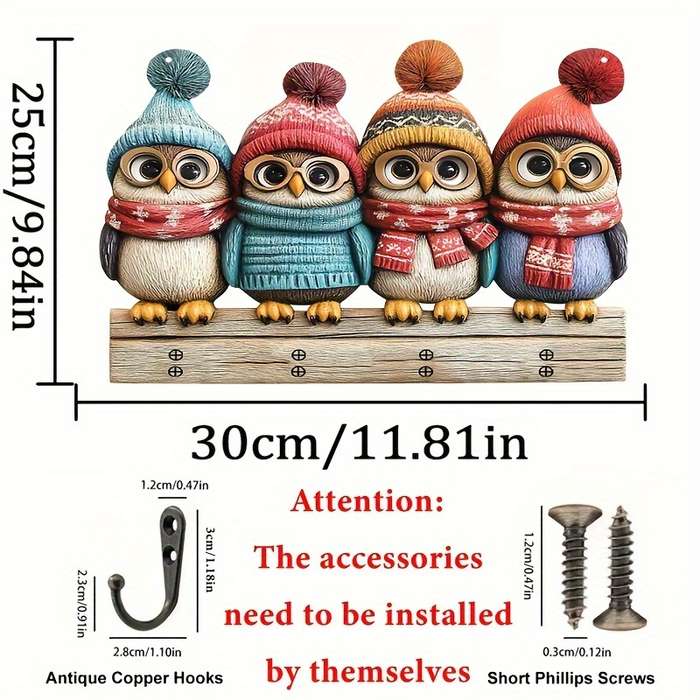 5 Cute Owl Key HoldersColorful Wooden  Home Decor Wall Art with Four Metal Hooks (30.0cm x 24.99