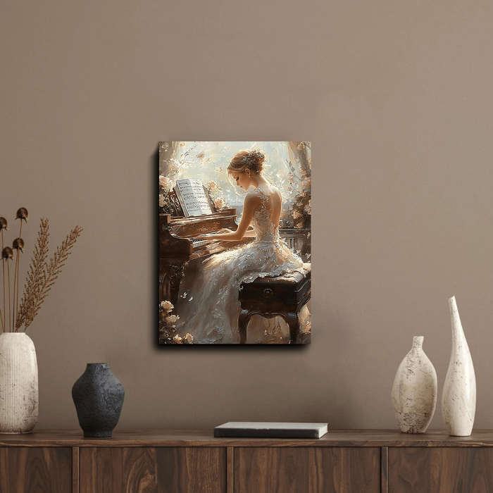 1pc  Elegant Piano-Playing Woman Wall Art Wooden Framed Canvas Print for Wedding Anniversary