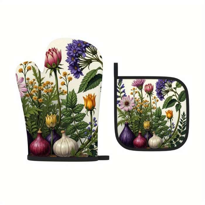 2pcs Watercolor Floral Polyester Oven Mitts Heat Resistant Woven Potholders for Kitchen Decor