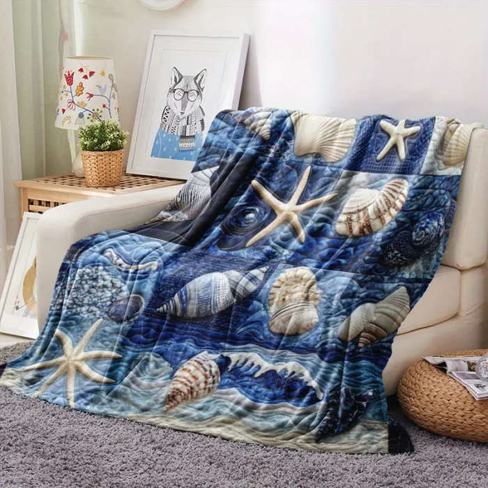 1 x Creative Shell Starfish Snail Plaid Print Flannel Blanket 150*200cm