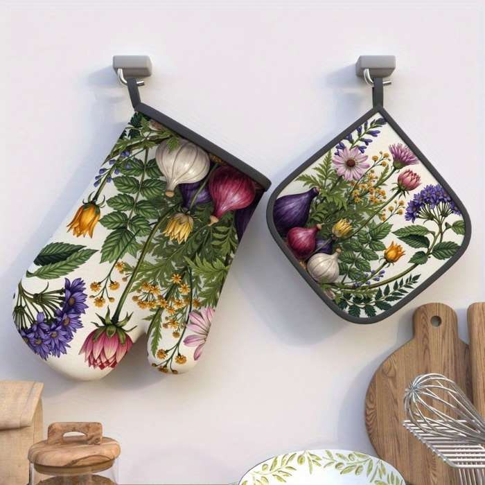 2pcs Watercolor Floral Polyester Oven Mitts Heat Resistant Woven Potholders for Kitchen Decor