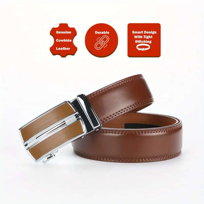 Men's Genuine Leather Ratchet Belt with Adjustable Automatic Buckle Black 120cm
