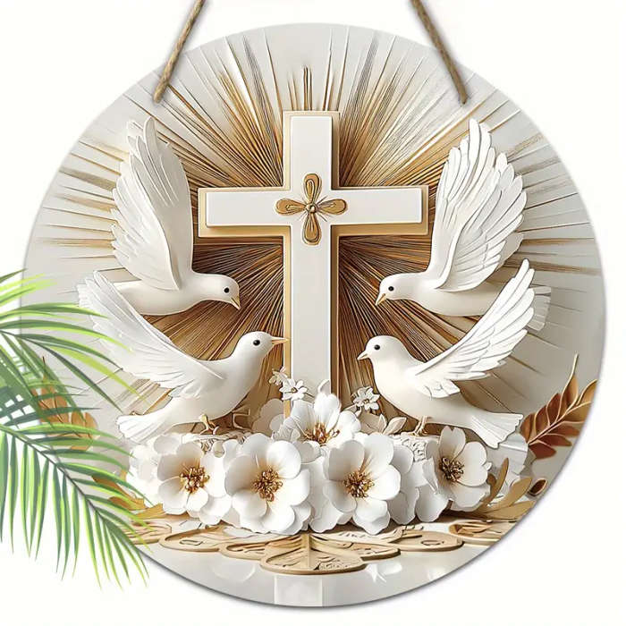 1pc Rustic Wooden Cross and Dove Wreath Sign 19.99cmx19.99cm Round Religious Wall Decor with Hanging