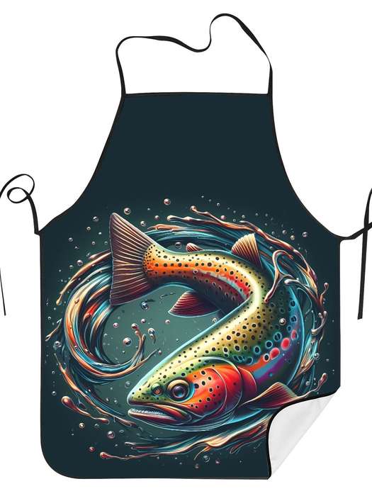 1pc BIIHUDU Vintage Bass Fish Print Apron Colorful Retro Design Durable Polyester Fabric Adjust