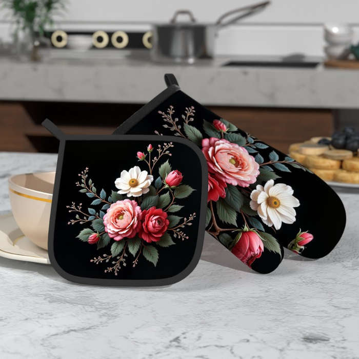 2pcs Floral Heat-Resistant Oven Mitts Potholders Spring Flowers Leaves Design 26.92x17.0