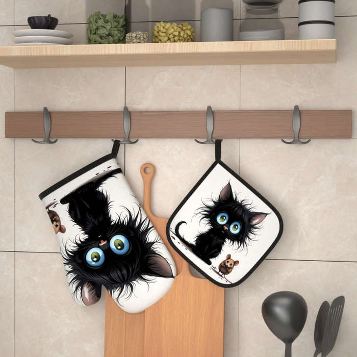 2pcs Heat-Resistant Oven Mitts Potholders Cute Black Kitten Brown Mouse Design 26.92x17.