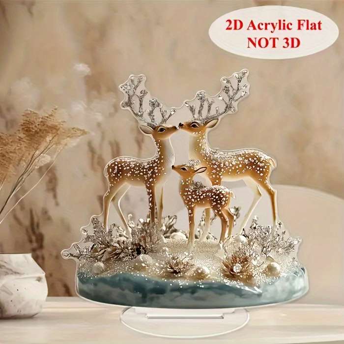 1pc 2D Flat  Elegant  Acrylic Deer Figurines Set of 3 Golden Glittery Antler Design Blue Go