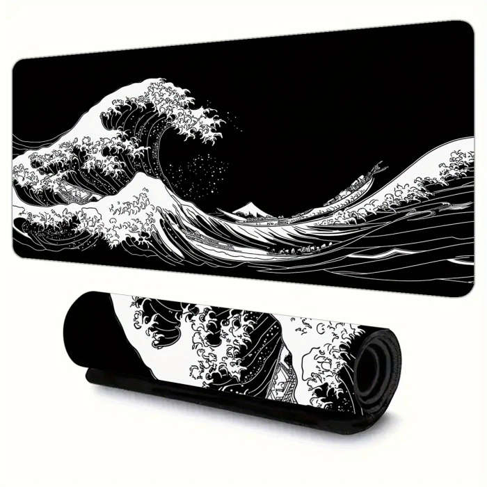 1pc 30x80cm Gaming Mouse Pad Black and White Wave Design Non-Slip Rubber Base