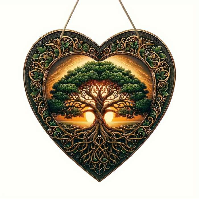 1pc 2D Flat  Acrylic Tree of Life Wooden Hanging Sign-Heart-Shaped Garland Door