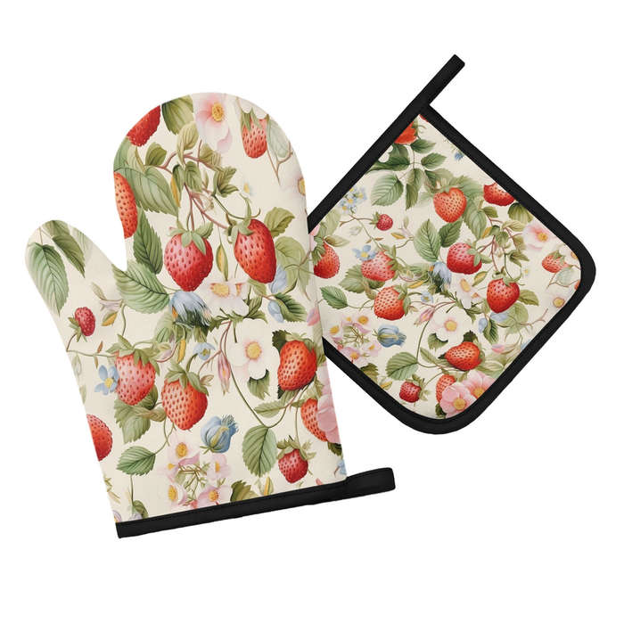 2pcs Strawberry and Floral Pattern Silicone Oven Mitts Pot Holders Thickened Non-Slip Heat R