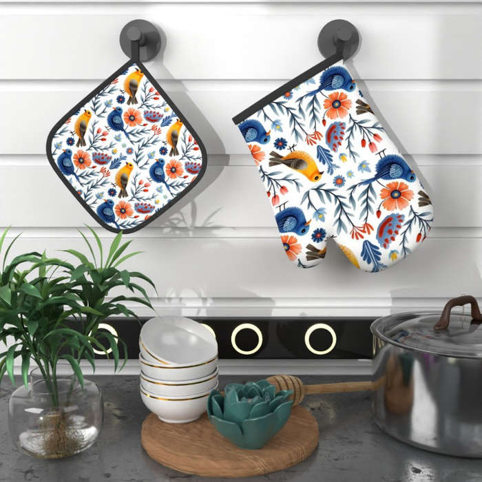 2pcs Floral Bird Design Heat-Resistant Oven Mitts 26.92x17.02 cm Colorful Polyester Kitche