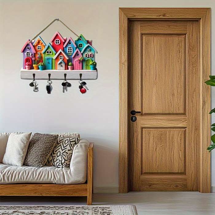 An enchanting piece a simple colorful wooden and household key holder with four metal hooks 30.0cm