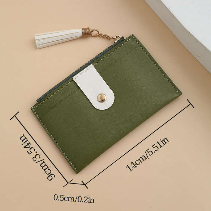 1pc Sleek Black Zipper Card Holder with Multiple Slots Tassel Charm Golden-Tone Accents C Li