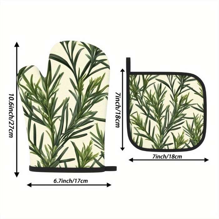 2pcs Botanical Print Oven Mitts Pot Holders Heat-Resistant 26.92x17.02cm Green Plant Desi