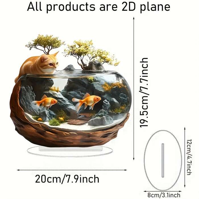 1pc 2D Flat   Plane Vintage Style  Acrylic Greedy Cat Aquarium Tabletop Decoration Animal The
