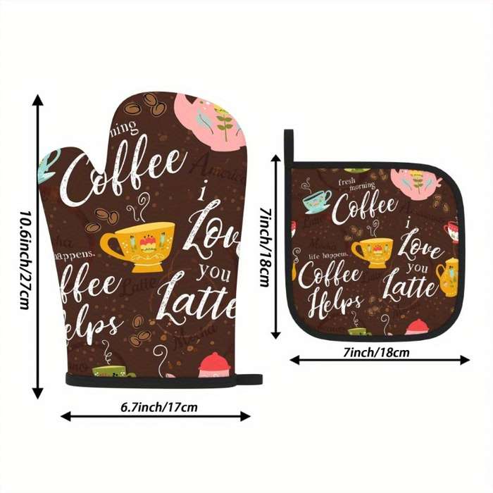 2pcs Vintage Coffee Pastry Design Oven Mitts and Pot Holders 26.92x17.02 cm Heat Resistant