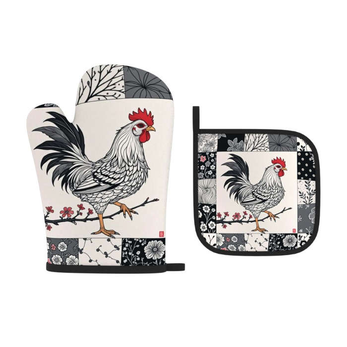 2pcs Rooster Plum Blossom Heat-Resistant Oven Mitts Floral Chinese Design 26.92x17.02 cm