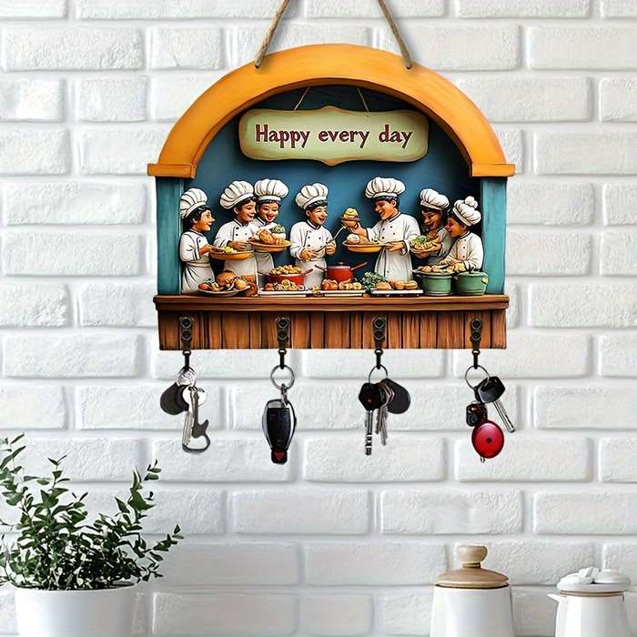 Colorful Wooden Key Holder with Four Metal Hooks"Happy Every Day" Chef Design 30.0cm x 24.99cm